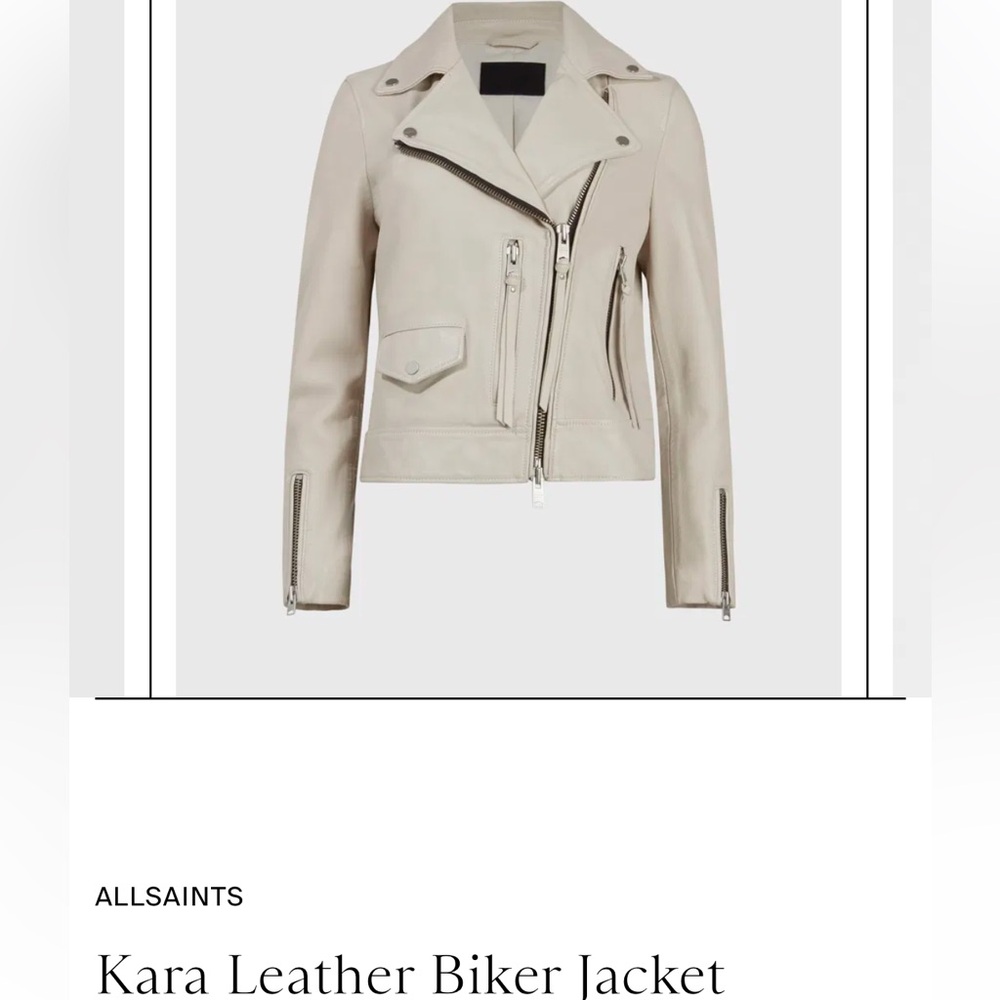 All Saints Light Cream Leather Biker Jacket with Asymmetric Zip